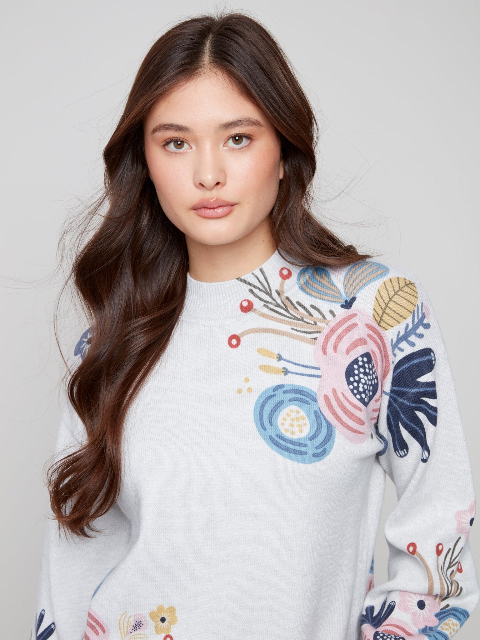Mock Neck Sweater with Placed Print - Charlie B - 690178710162 - Sugar River Shoppe - 