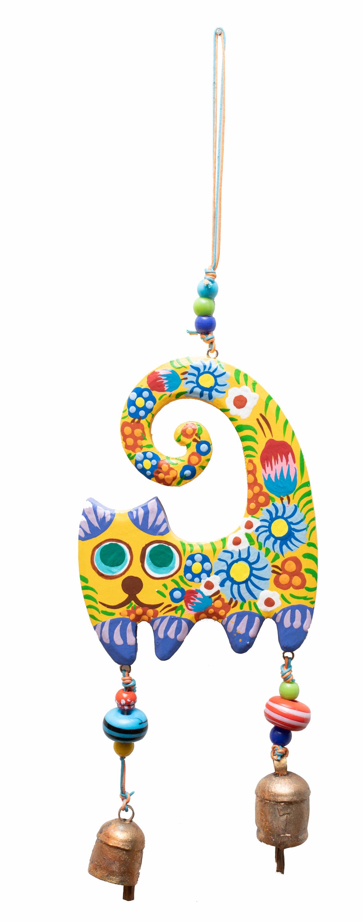 A Cat Blooms Yellow- Hand Painted Beads & Bells  Windchime - Sugar River Shoppe