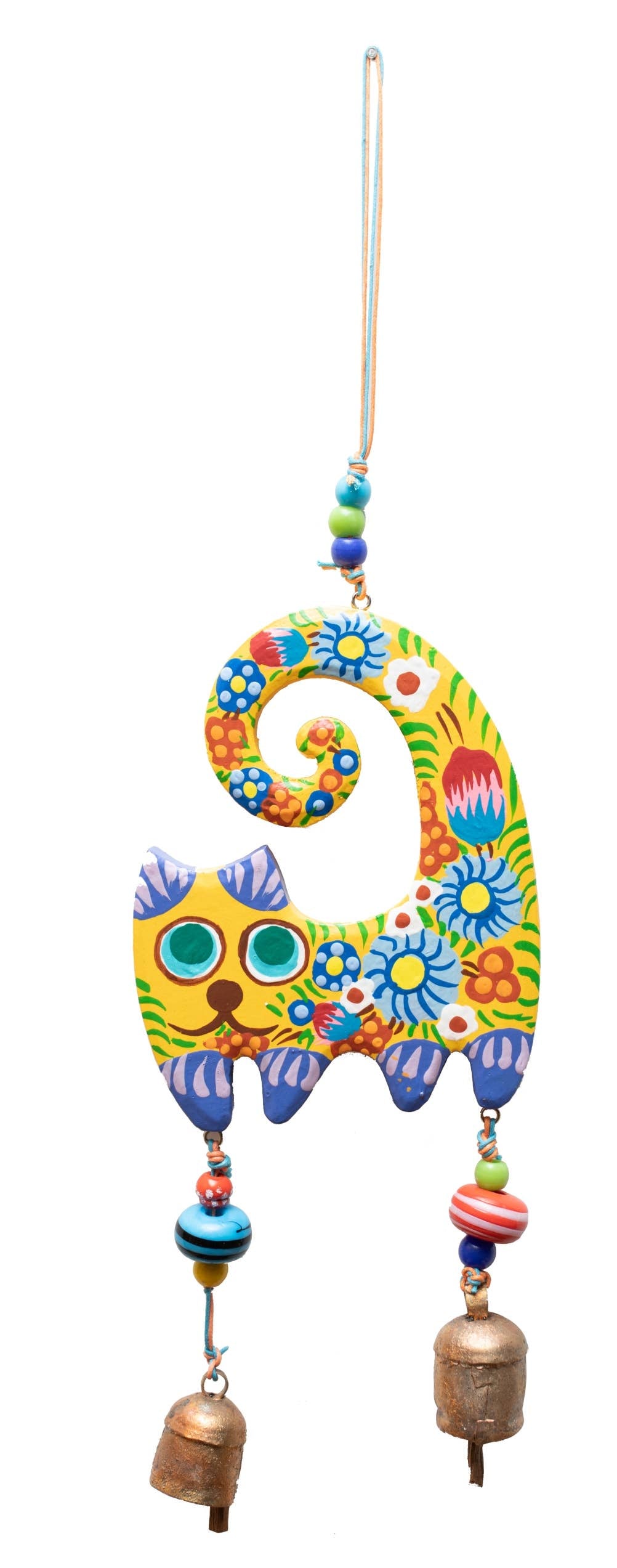 A Cat Blooms Yellow- Hand Painted Beads & Bells  Windchime - Sugar River Shoppe