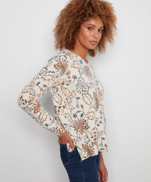 Printed Plush Knit V-Neck Sweater