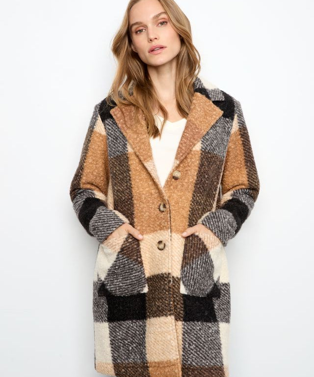 Plaid Boucle Knit Coat - Taupe