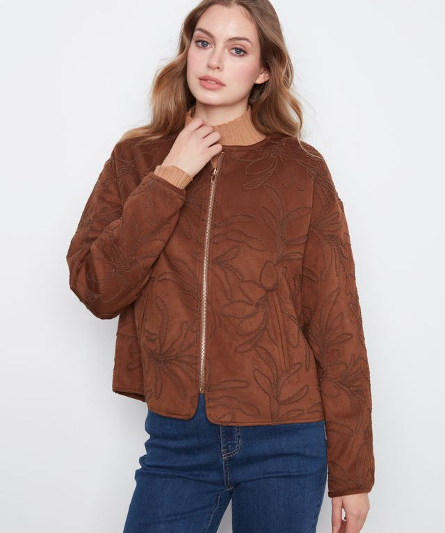 Embroidered Faux Suede Bomber Jacket