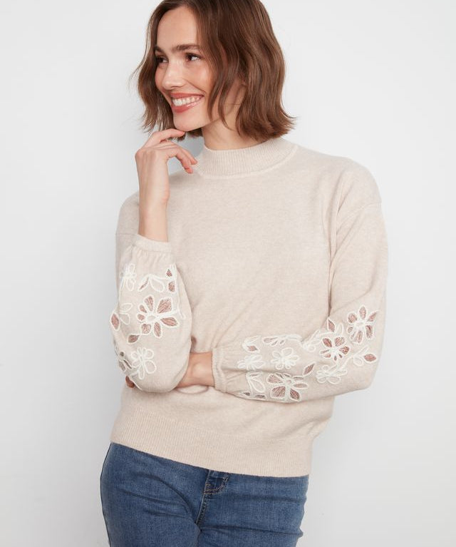 Mock Neck Sweater with Embroidered Flowers