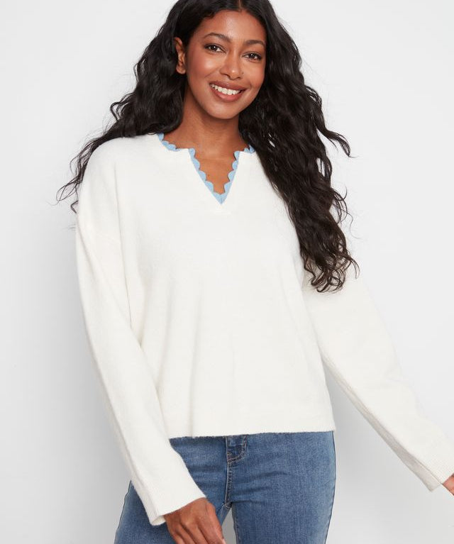 V-Neck Sweater with Woven Trim