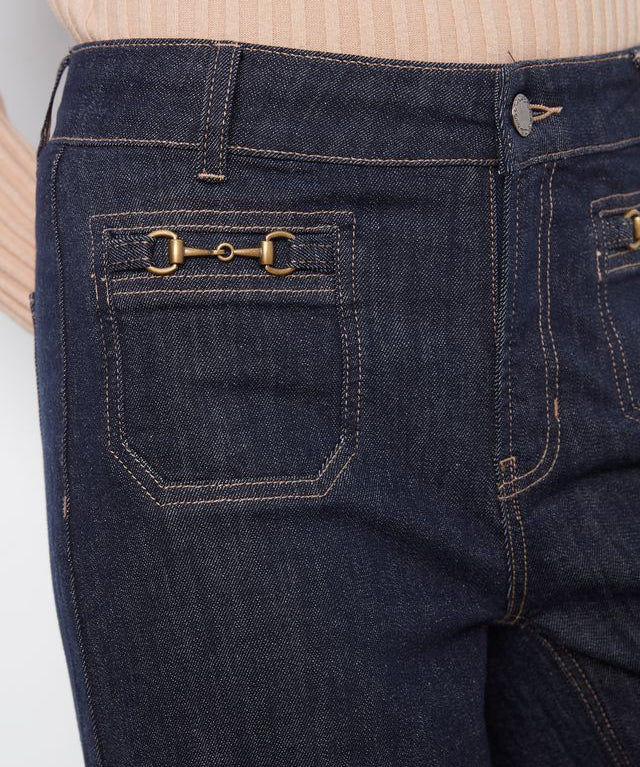 Cropped Patch Pocket Wide Leg Jeans with Horsebit
