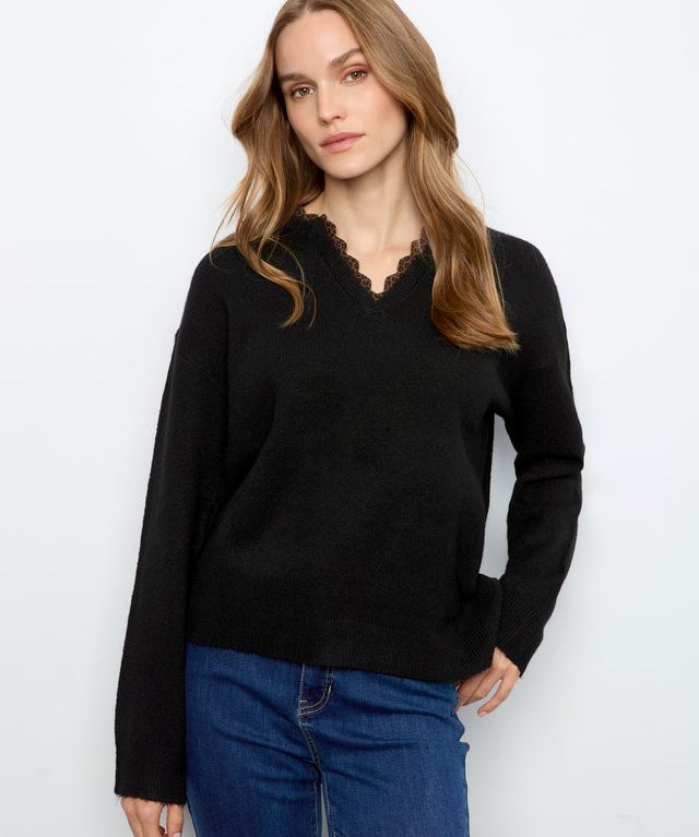 V-Neck Sweater with Woven Trim