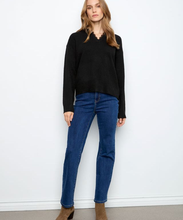 V-Neck Sweater with Woven Trim