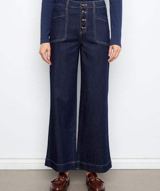 Wide Leg Button Front Pants with Patch Pockets