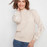 Mock Neck Sweater with Embroidered Flowers
