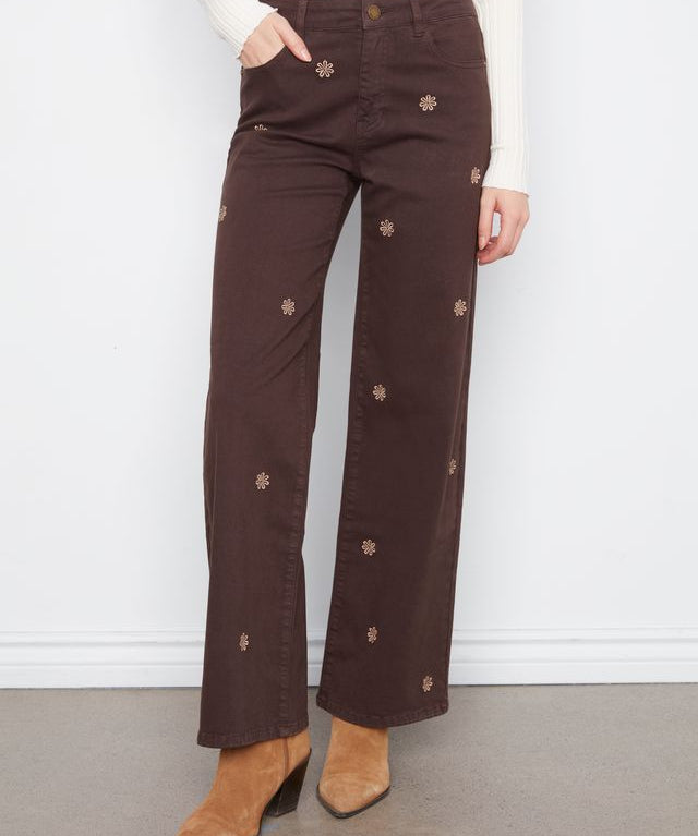 Wide Leg Colored Twill Pants with all over front embroidery