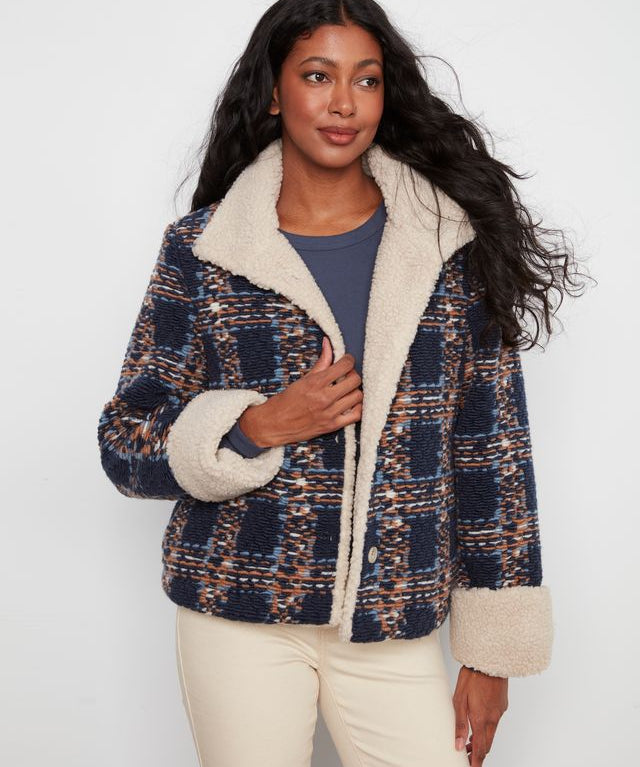 Plaid Bouclé Jacket With Sherpa Trim