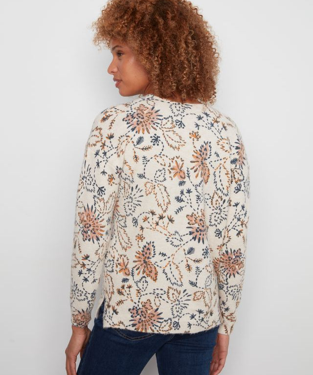 Printed Plush Knit V-Neck Sweater