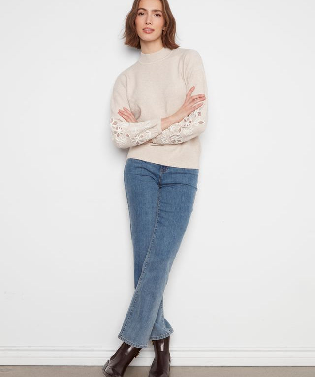 Mock Neck Sweater with Embroidered Flowers