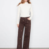 Wide Leg Colored Twill Pants with all over front embroidery