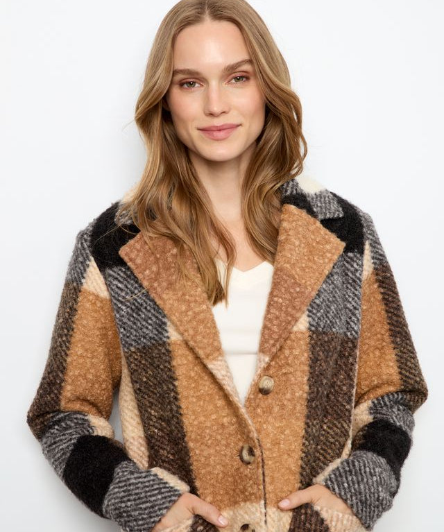 Plaid Boucle Knit Coat - Taupe