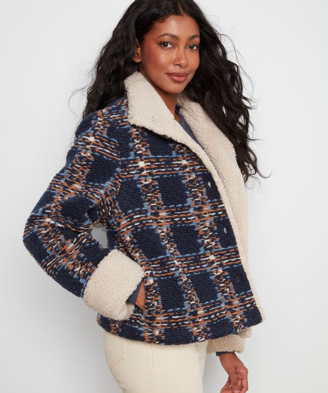 Plaid Bouclé Jacket With Sherpa Trim