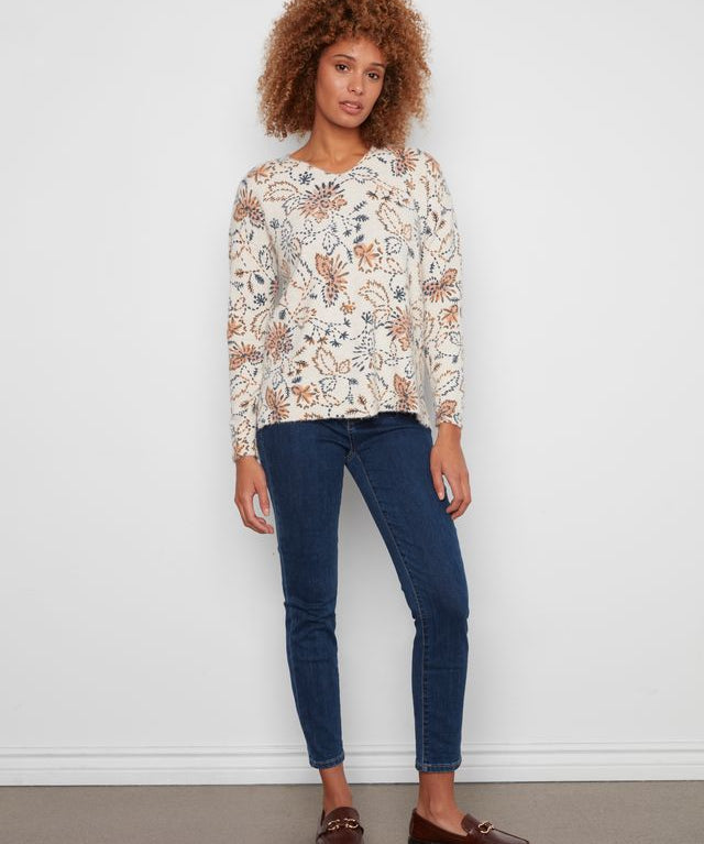 Printed Plush Knit V-Neck Sweater