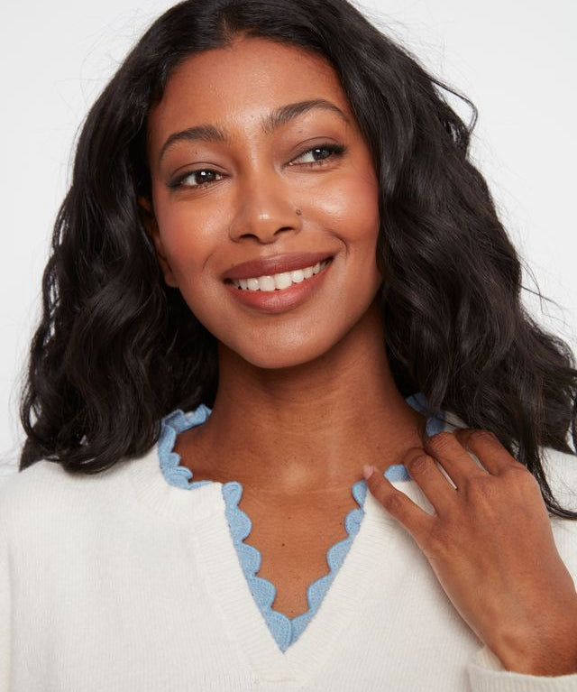 V-Neck Sweater with Woven Trim