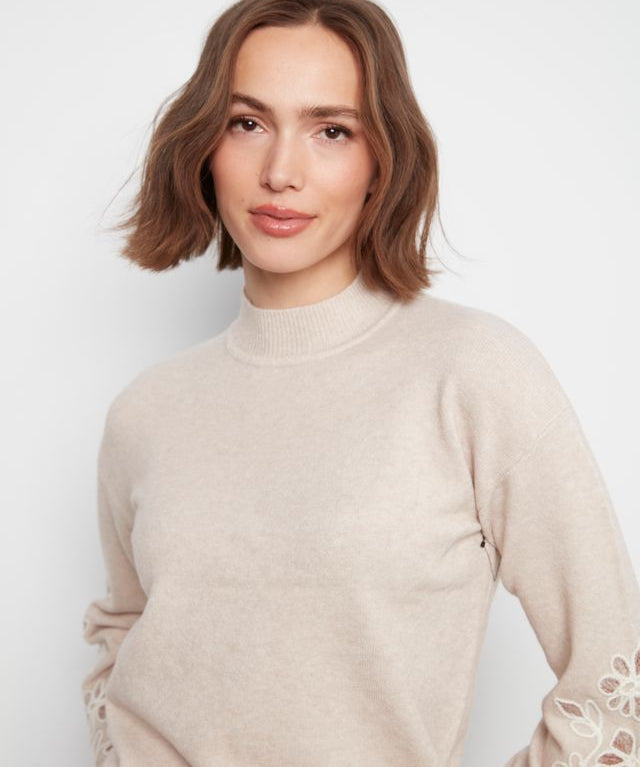 Mock Neck Sweater with Embroidered Flowers