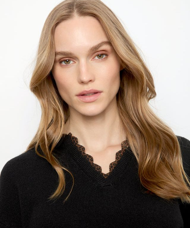 V-Neck Sweater with Woven Trim