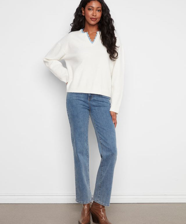 V-Neck Sweater with Woven Trim