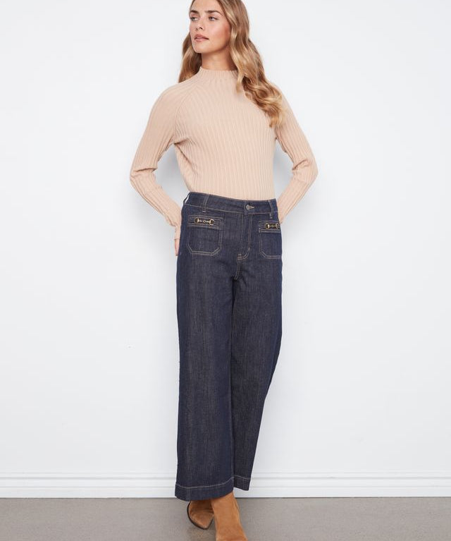 Cropped Patch Pocket Wide Leg Jeans with Horsebit