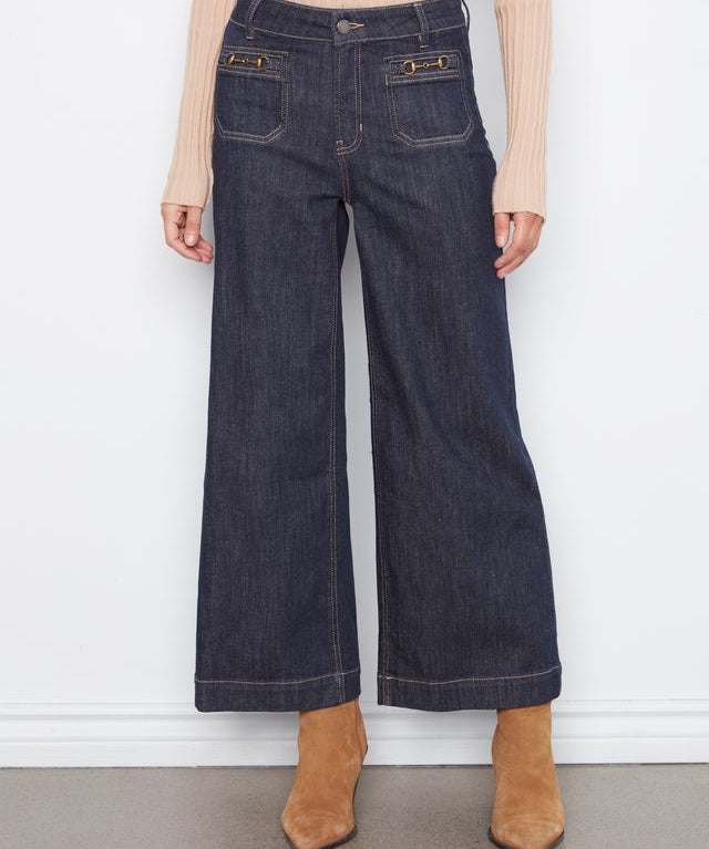 Cropped Patch Pocket Wide Leg Jeans with Horsebit