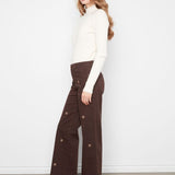 Wide Leg Colored Twill Pants with all over front embroidery