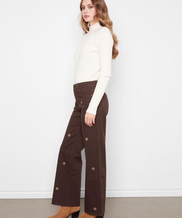 Wide Leg Colored Twill Pants with all over front embroidery