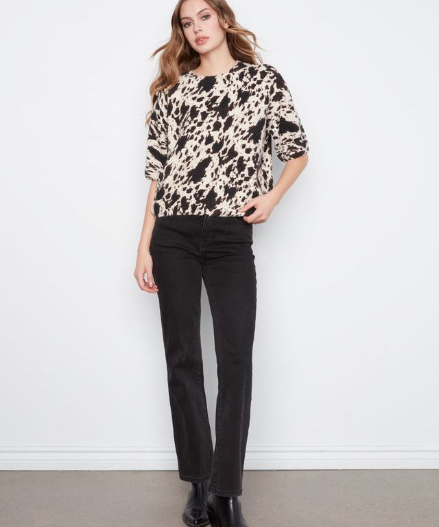 Elbow Sleeve Balloon Shape Printed Sweater