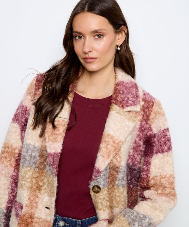 Plaid Boucle Knit Tailored Collar Coat