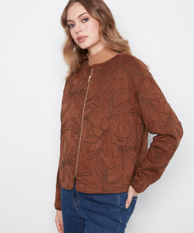 Embroidered Faux Suede Bomber Jacket
