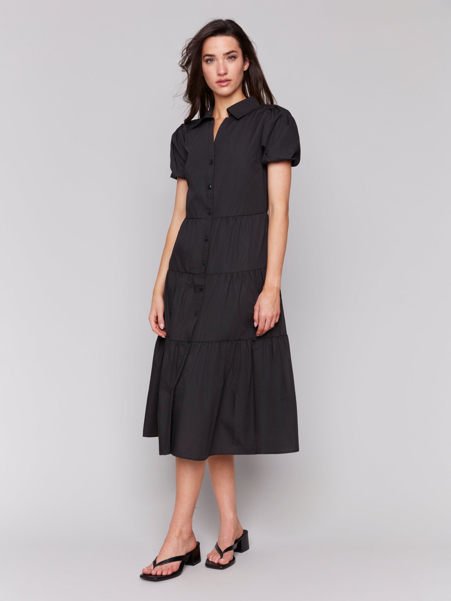 Poplin Puff Sleeve Button - Down Maxi Dress - Charlie B - 690178625015 - Sugar River Shoppe - 