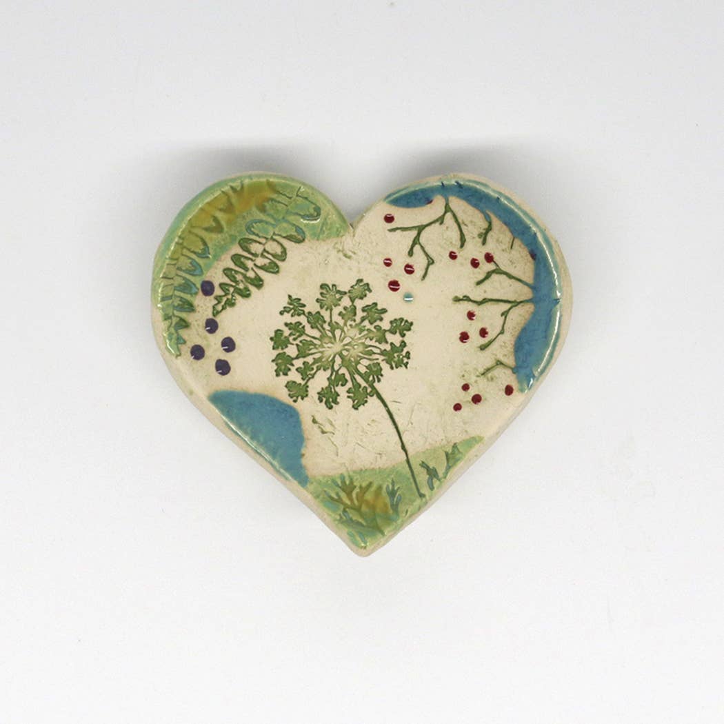 Pottery Dish Bowl - Heart Large Pressed Flowers - Walton Clay Studio - 49090600 - Sugar River Shoppe - 