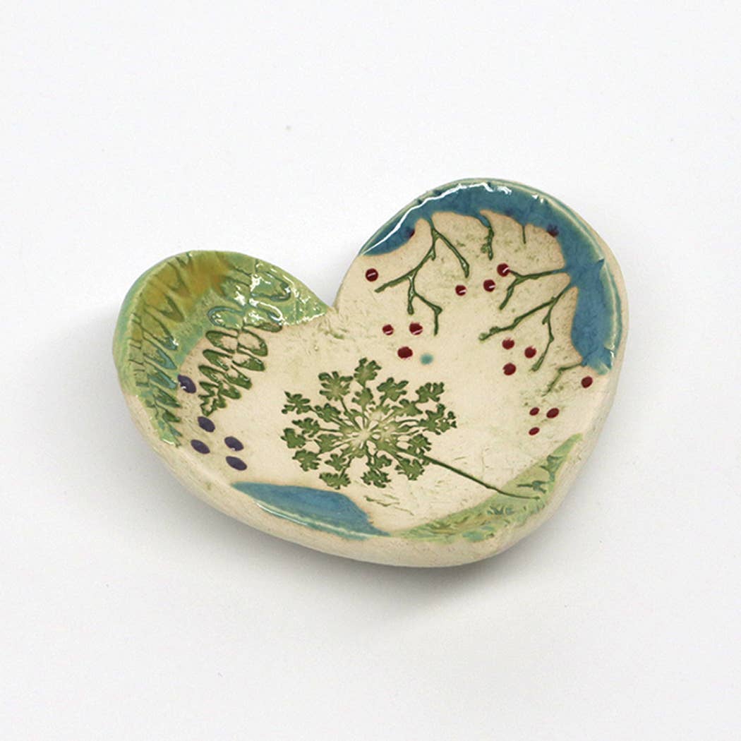 Pottery Dish Bowl - Heart Large Pressed Flowers - Walton Clay Studio - 49090600 - Sugar River Shoppe - 