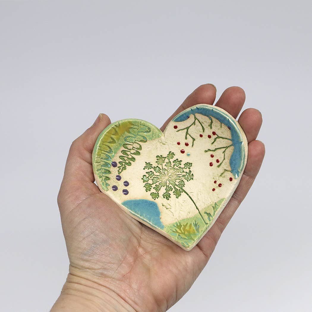 Pottery Dish Bowl - Heart Large Pressed Flowers - Walton Clay Studio - 49090600 - Sugar River Shoppe - 