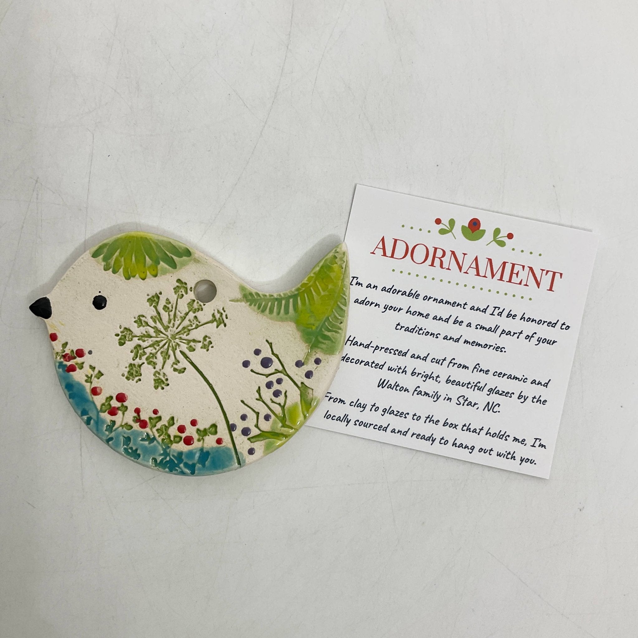 Pottery Ornament - Bird (Pressed Flowers) - Walton Clay Studio - 49451048 - Sugar River Shoppe - 