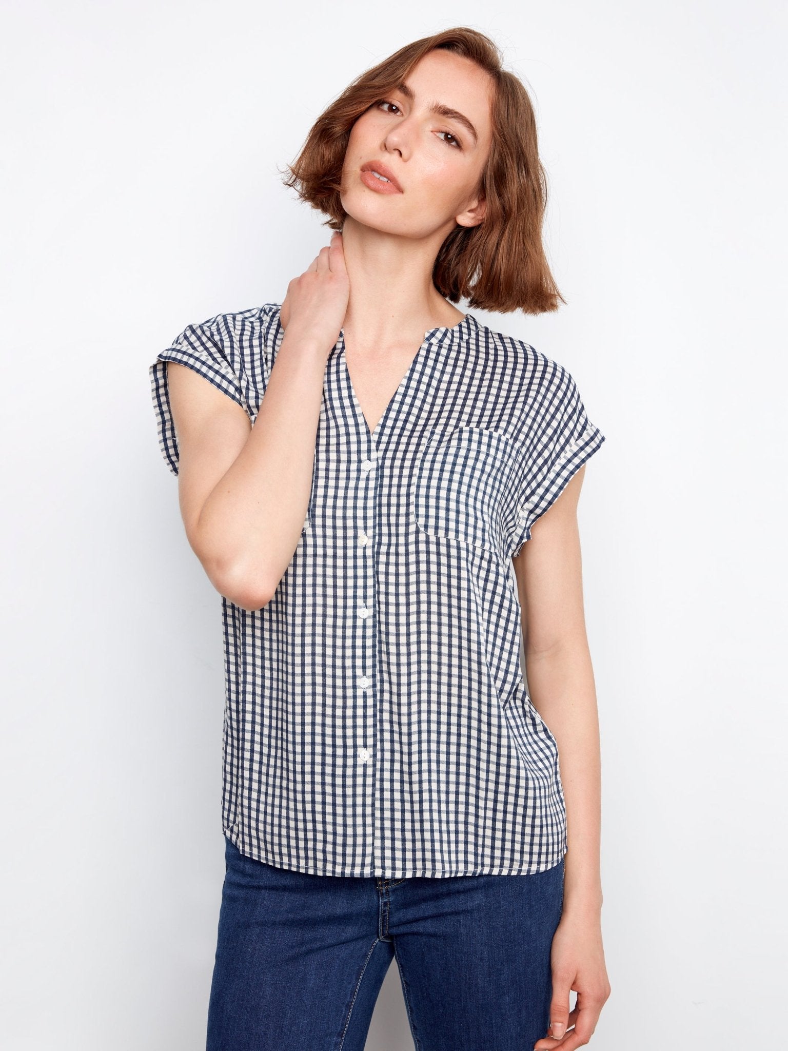 Printed Gingham Button - Up Blouse - Charlie B - 690178747441 - Sugar River Shoppe - 