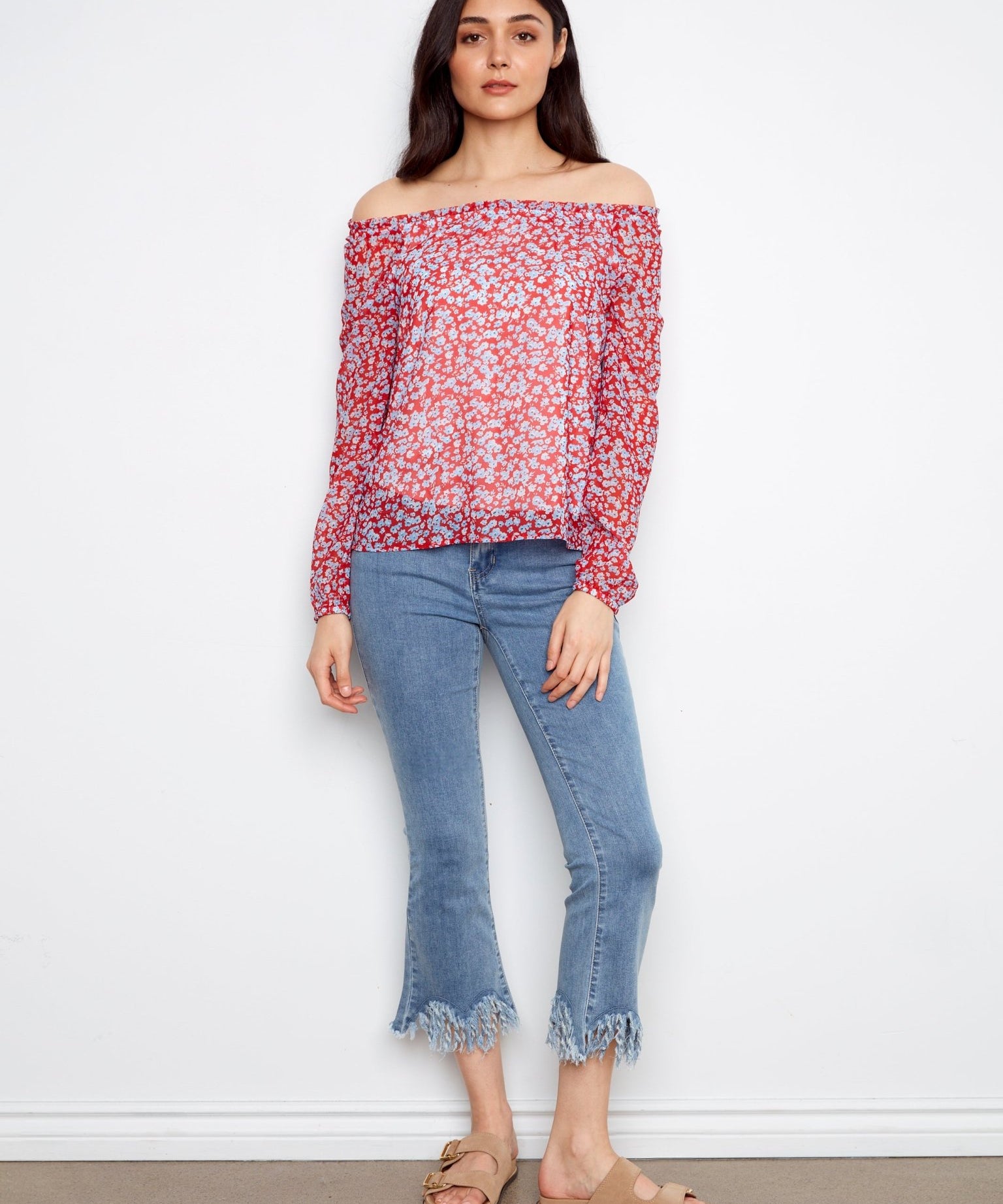 Printed Long Raglan Balloon Sleeve Off Shoulder Blouse - Charlie B - 690178765308 - Sugar River Shoppe - 