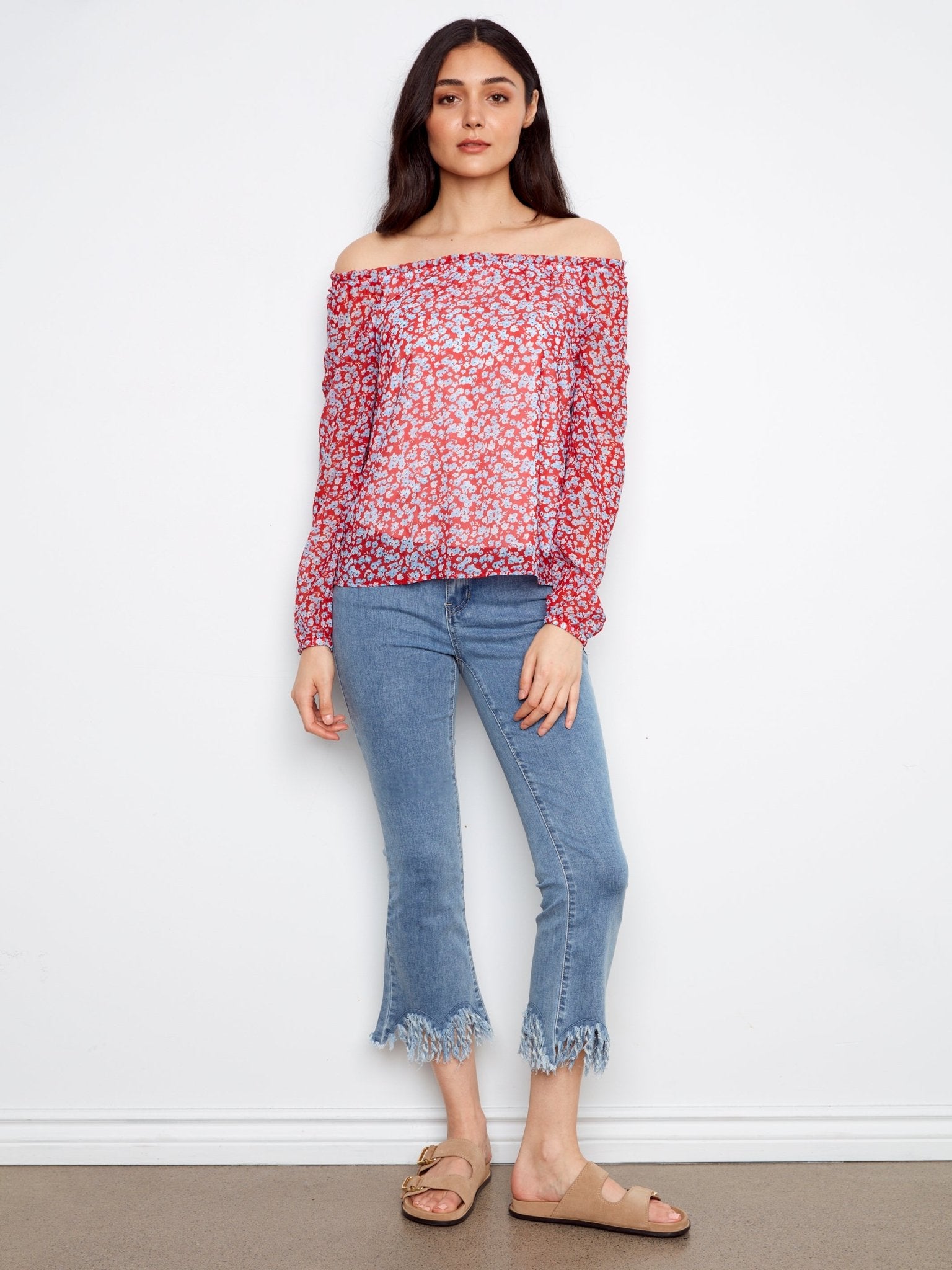 Printed Long Raglan Balloon Sleeve Off Shoulder Blouse - Charlie B - 690178765308 - Sugar River Shoppe - 