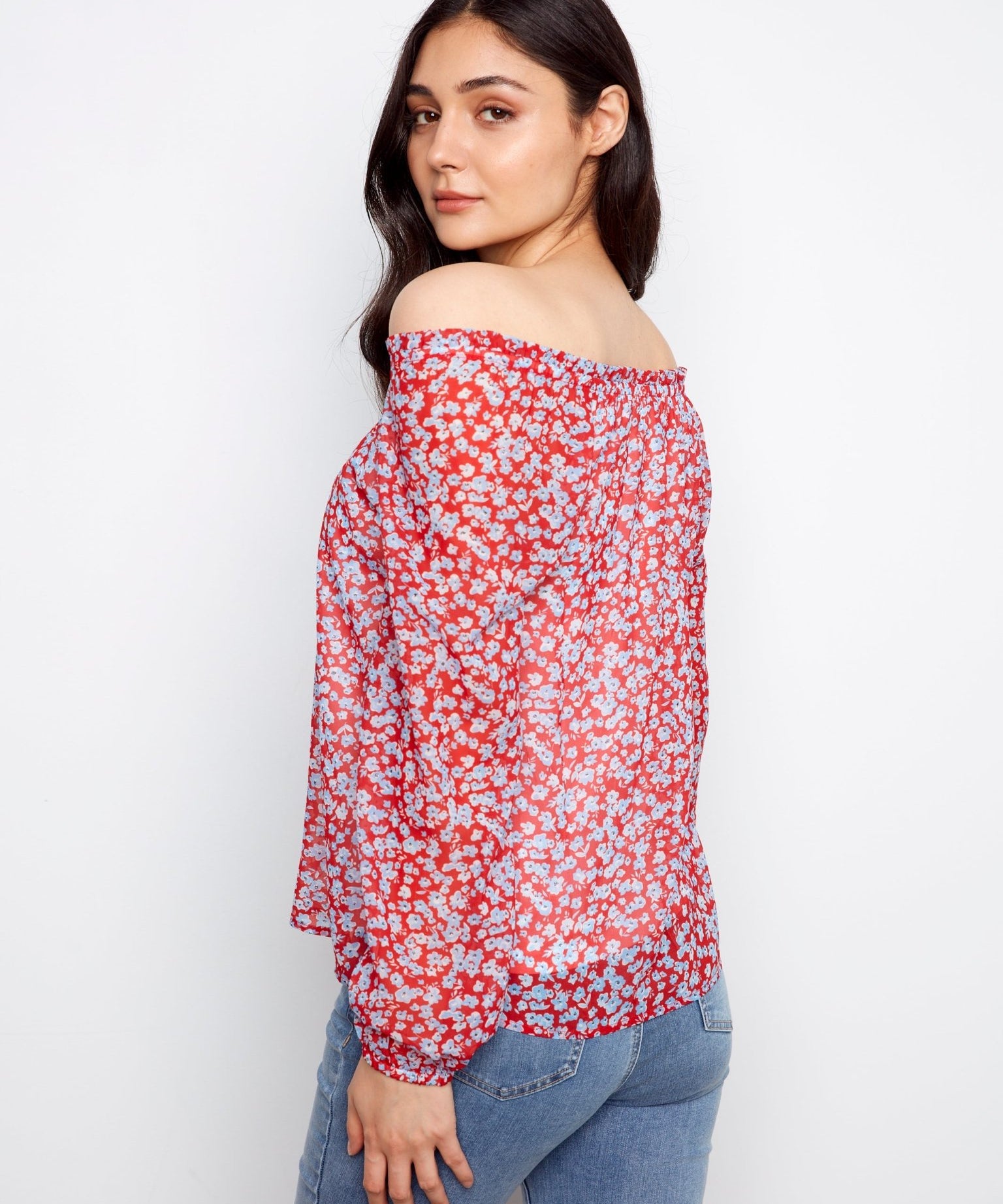 Printed Long Raglan Balloon Sleeve Off Shoulder Blouse - Charlie B - 690178765308 - Sugar River Shoppe - 