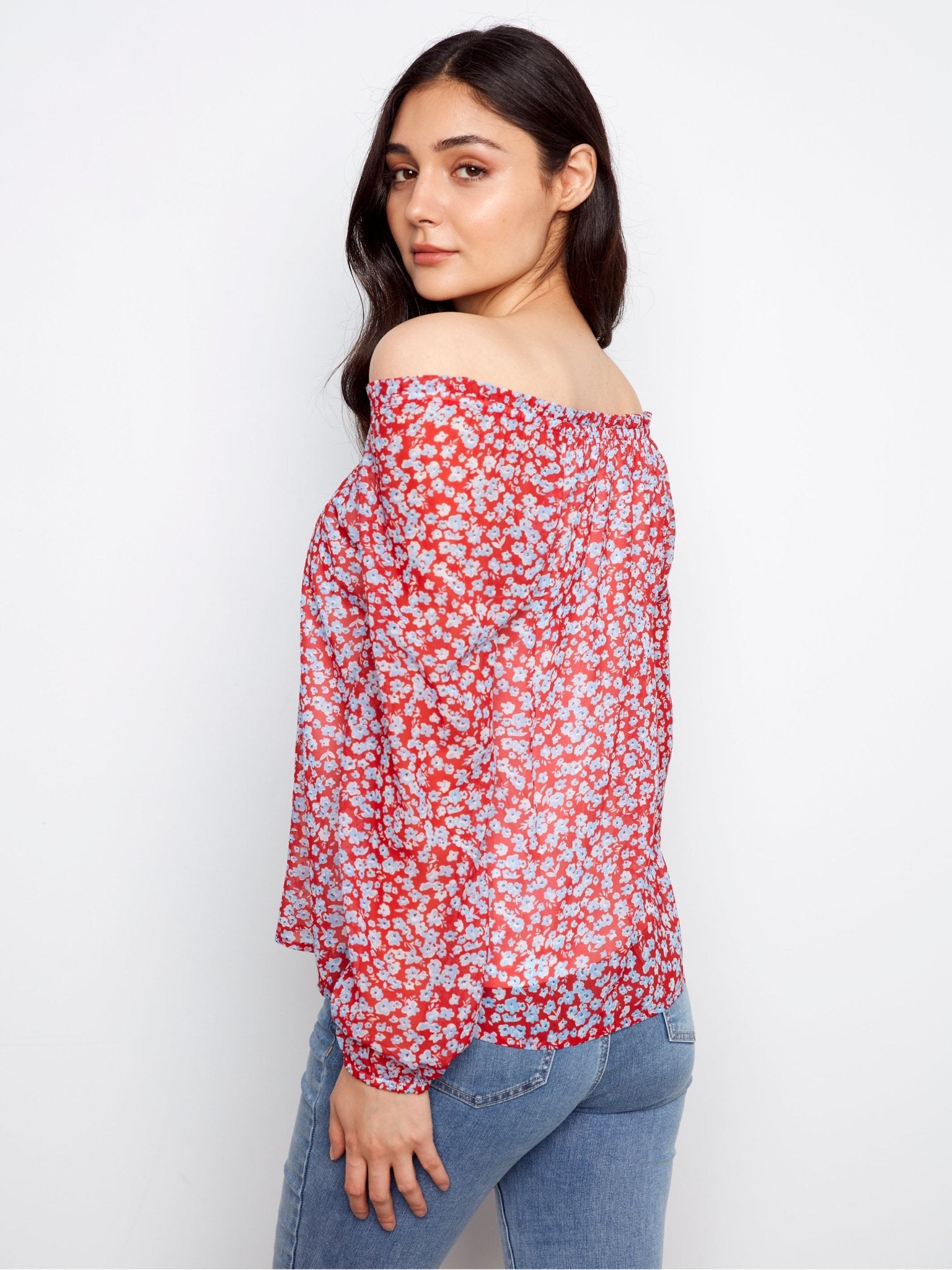 Printed Long Raglan Balloon Sleeve Off Shoulder Blouse - Charlie B - 690178765308 - Sugar River Shoppe - 