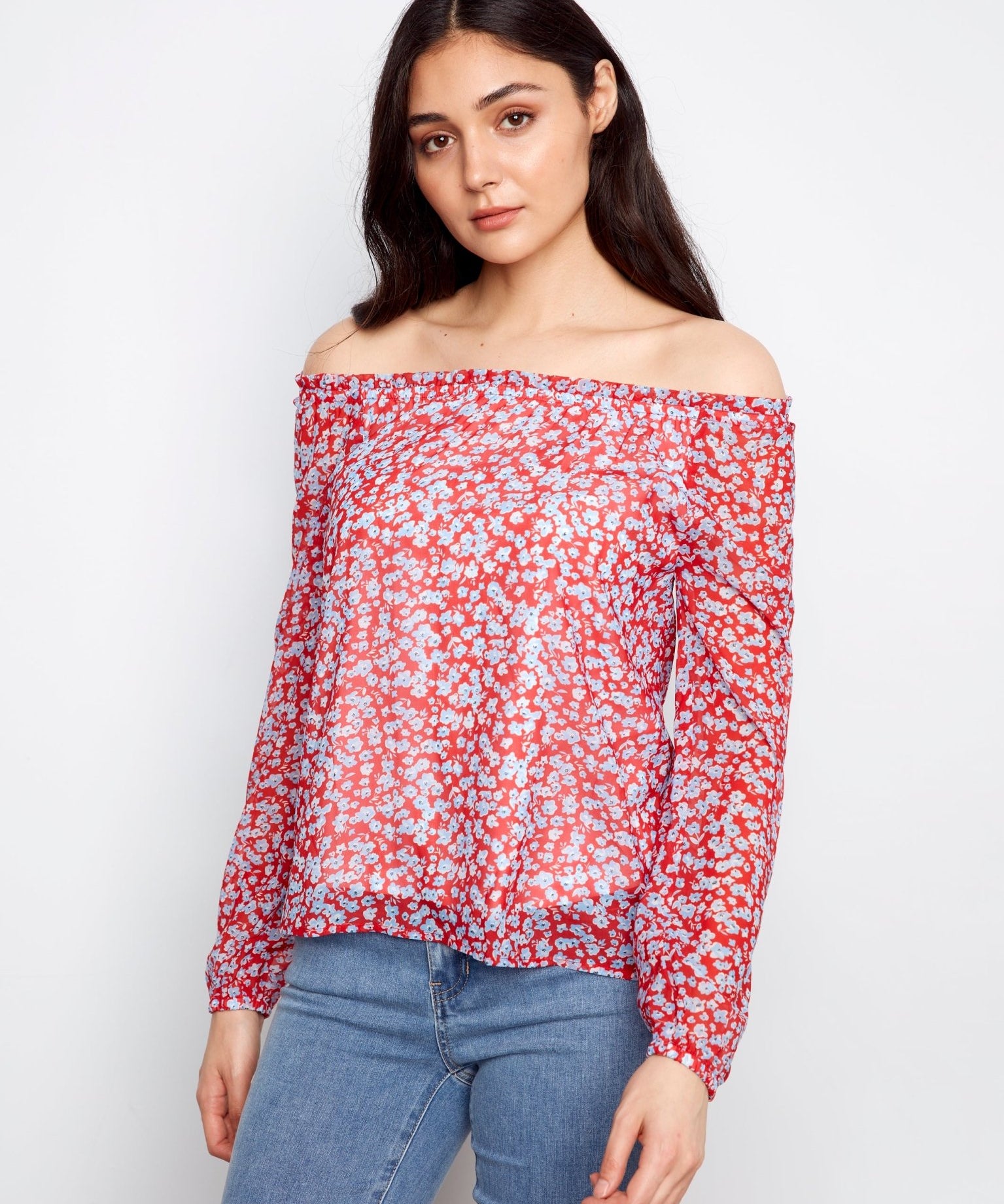 Printed Long Raglan Balloon Sleeve Off Shoulder Blouse - Charlie B - 690178765308 - Sugar River Shoppe - 