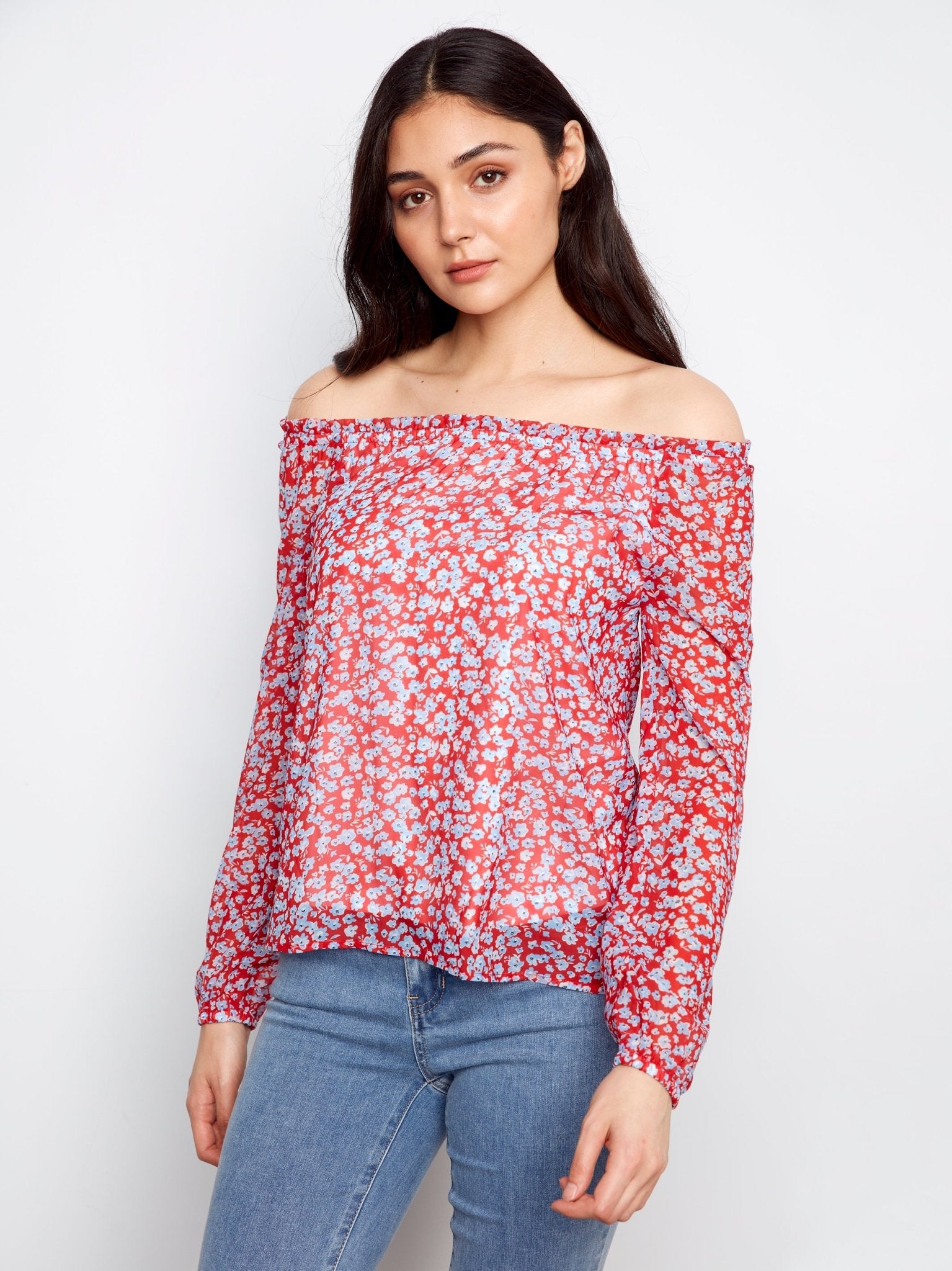 Printed Long Raglan Balloon Sleeve Off Shoulder Blouse - Charlie B - 690178765308 - Sugar River Shoppe - 
