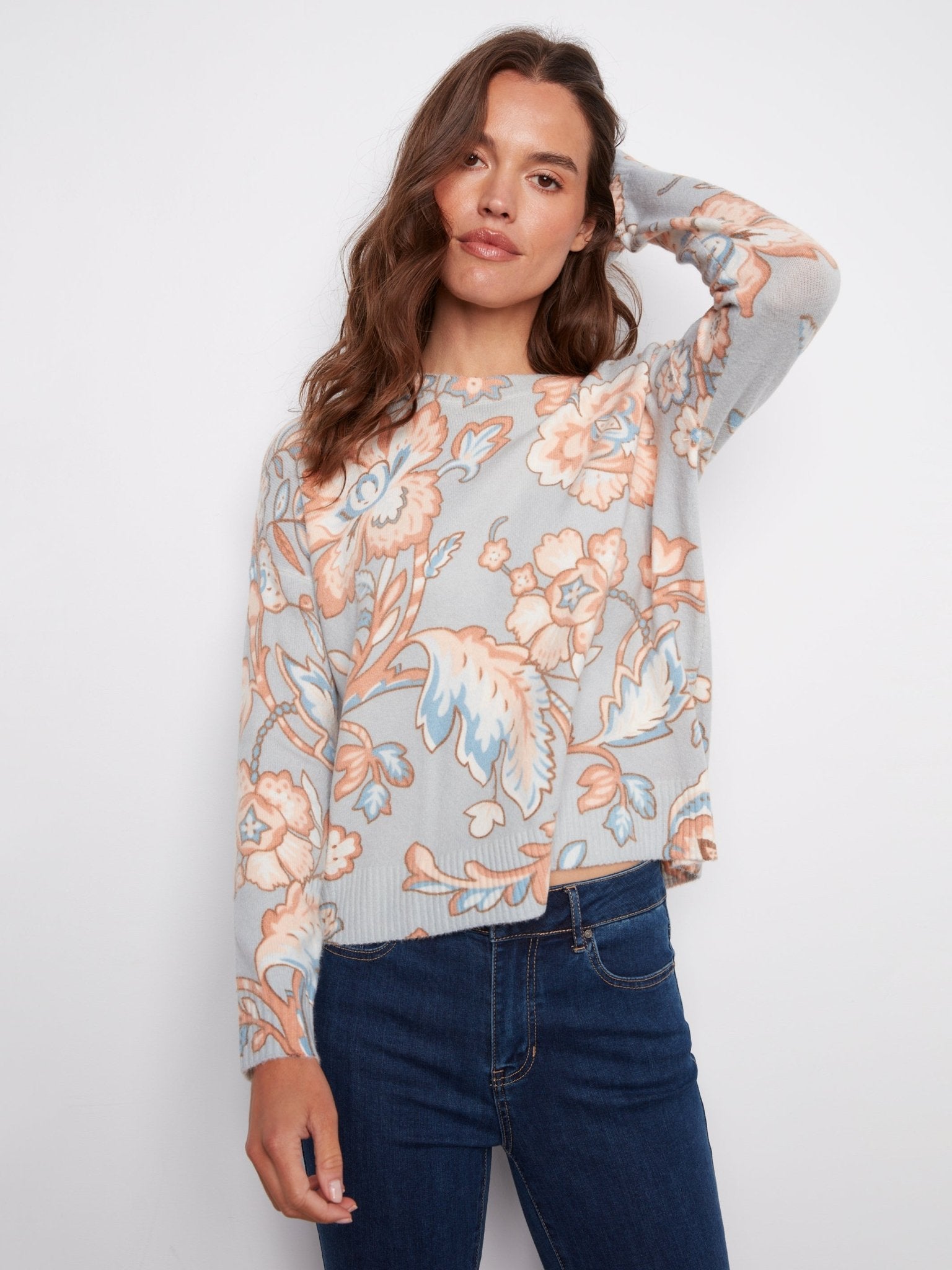 Printed Long Sleeved Crew Neck Sweater - Charlie B - 690178706592 - Sugar River Shoppe - 