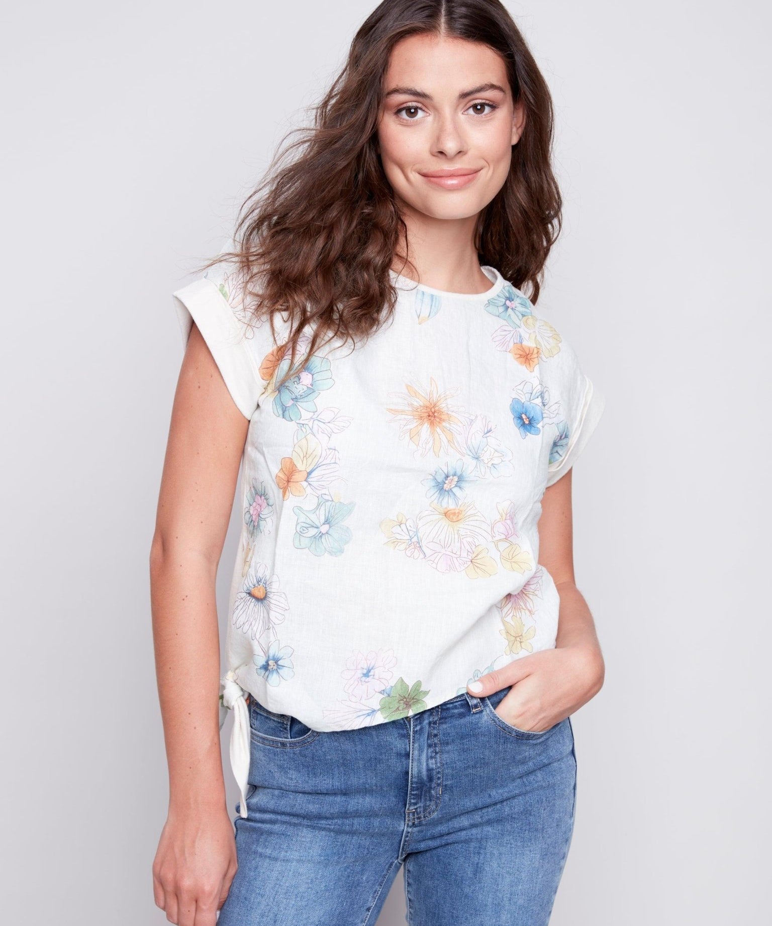 Printed Round Neck Jersey Linen Combo Front Tie T-Shirt - Charlie B - 31967272 - Sugar River Shoppe - 