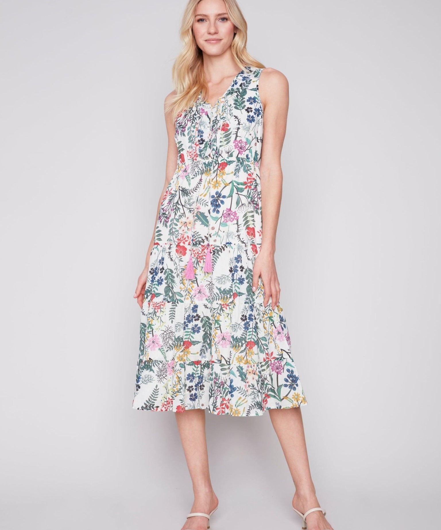 Printed Ruffle Neck Boho Maxi Dress with Tassels - Charlie B - 9586728 - Sugar River Shoppe - 