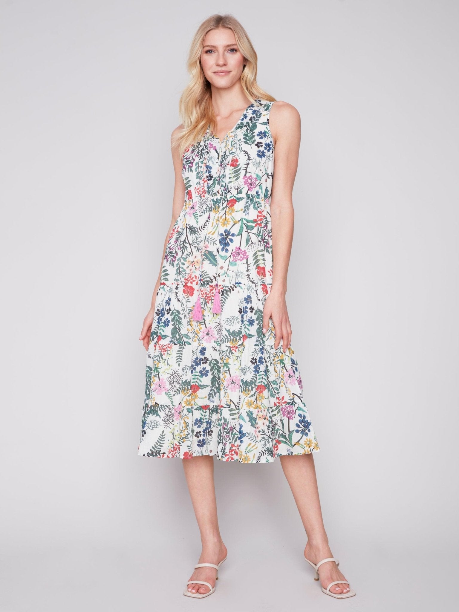Printed Ruffle Neck Boho Maxi Dress with Tassels - Charlie B - 9586728 - Sugar River Shoppe - 