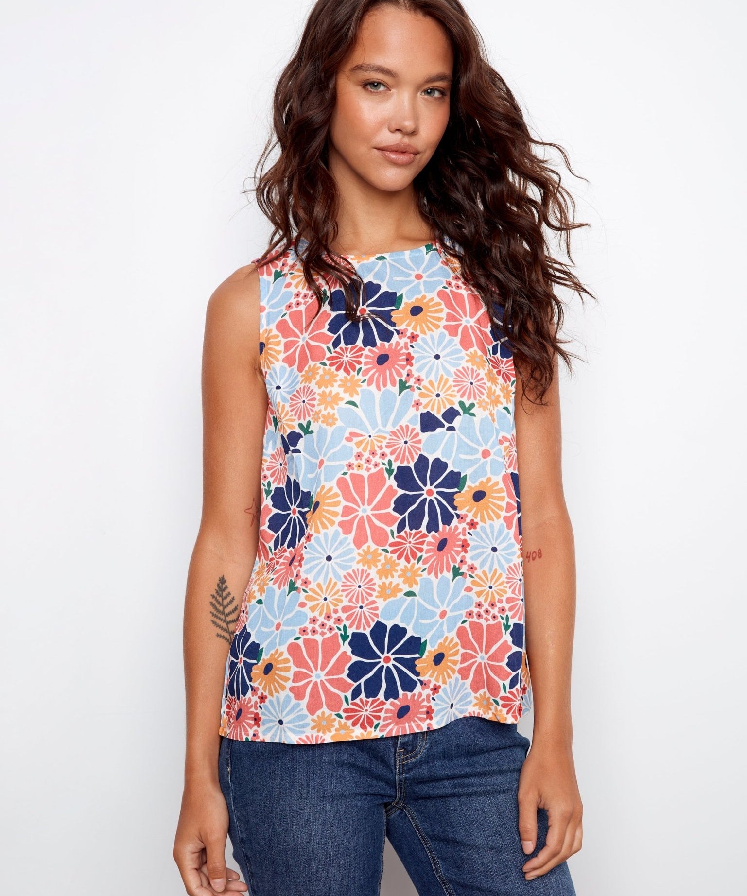 Printed Sleeveless Blouse with Back Keyhole - Charlie B - 690178746062 - Sugar River Shoppe - 