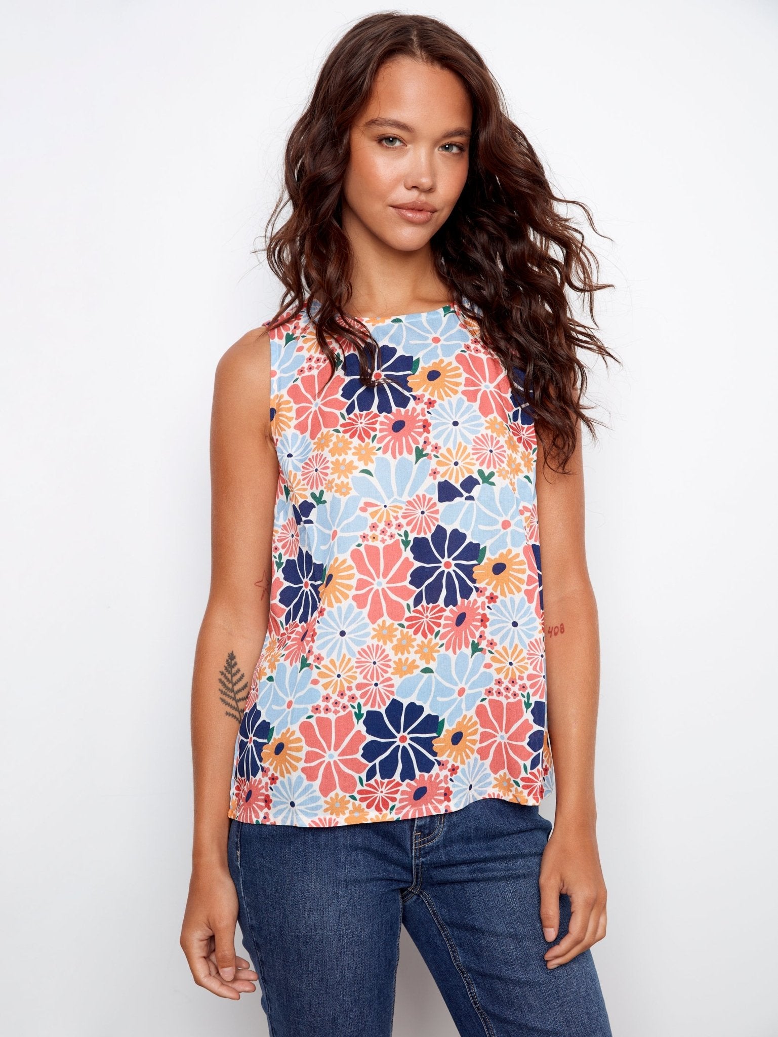 Printed Sleeveless Blouse with Back Keyhole - Charlie B - 690178746062 - Sugar River Shoppe - 